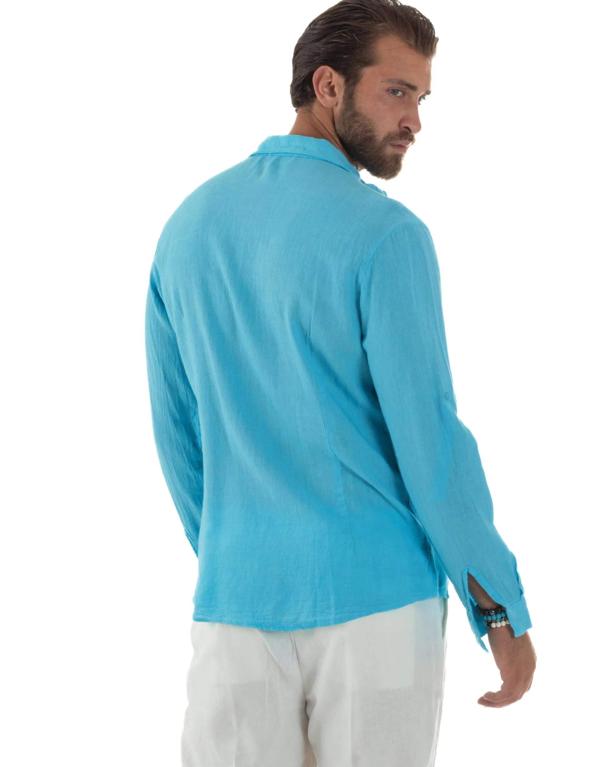 Camicia Collo Francese Lino Slim Fit Basic Turchese C3039A