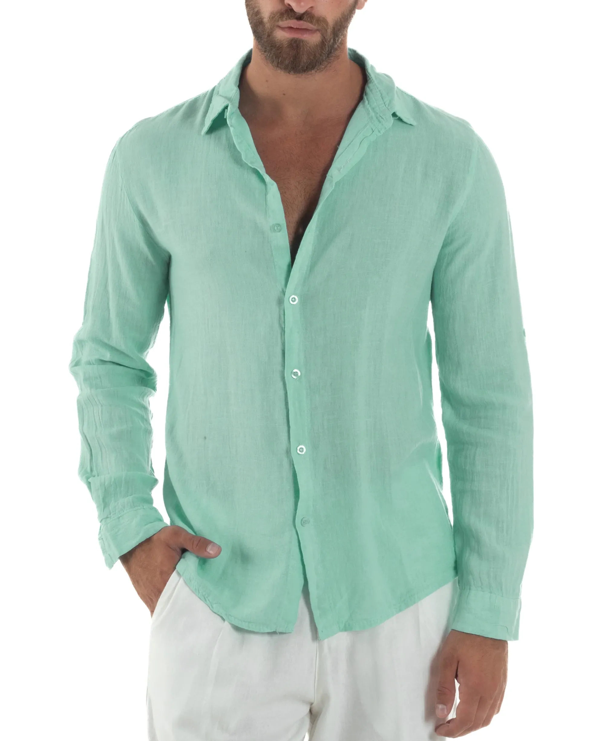 Camicia Collo Francese Lino Slim Fit Basic Verde Acqua C3037A
