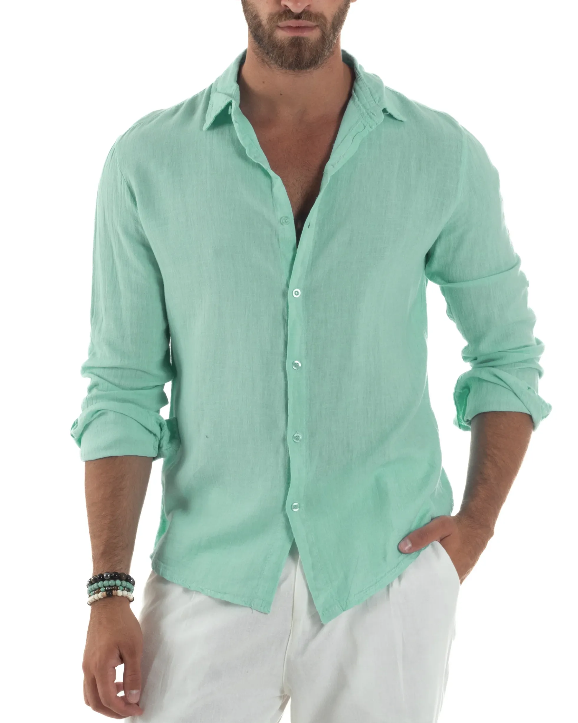 Camicia Collo Francese Lino Slim Fit Basic Verde Acqua C3037A