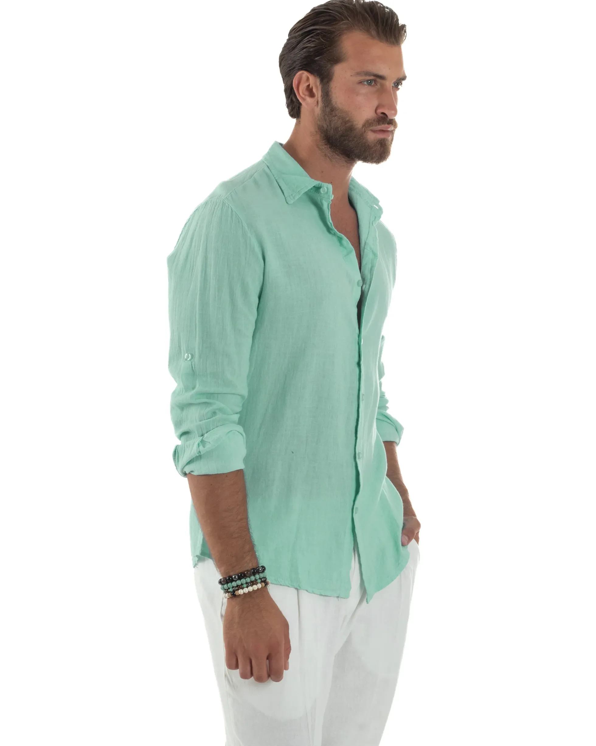 Camicia Collo Francese Lino Slim Fit Basic Verde Acqua C3037A