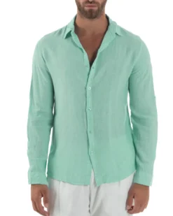 Camicia Collo Francese Lino Slim Fit Basic Verde Acqua C3037A
