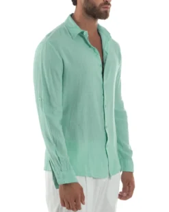 Camicia Collo Francese Lino Slim Fit Basic Verde Acqua C3037A