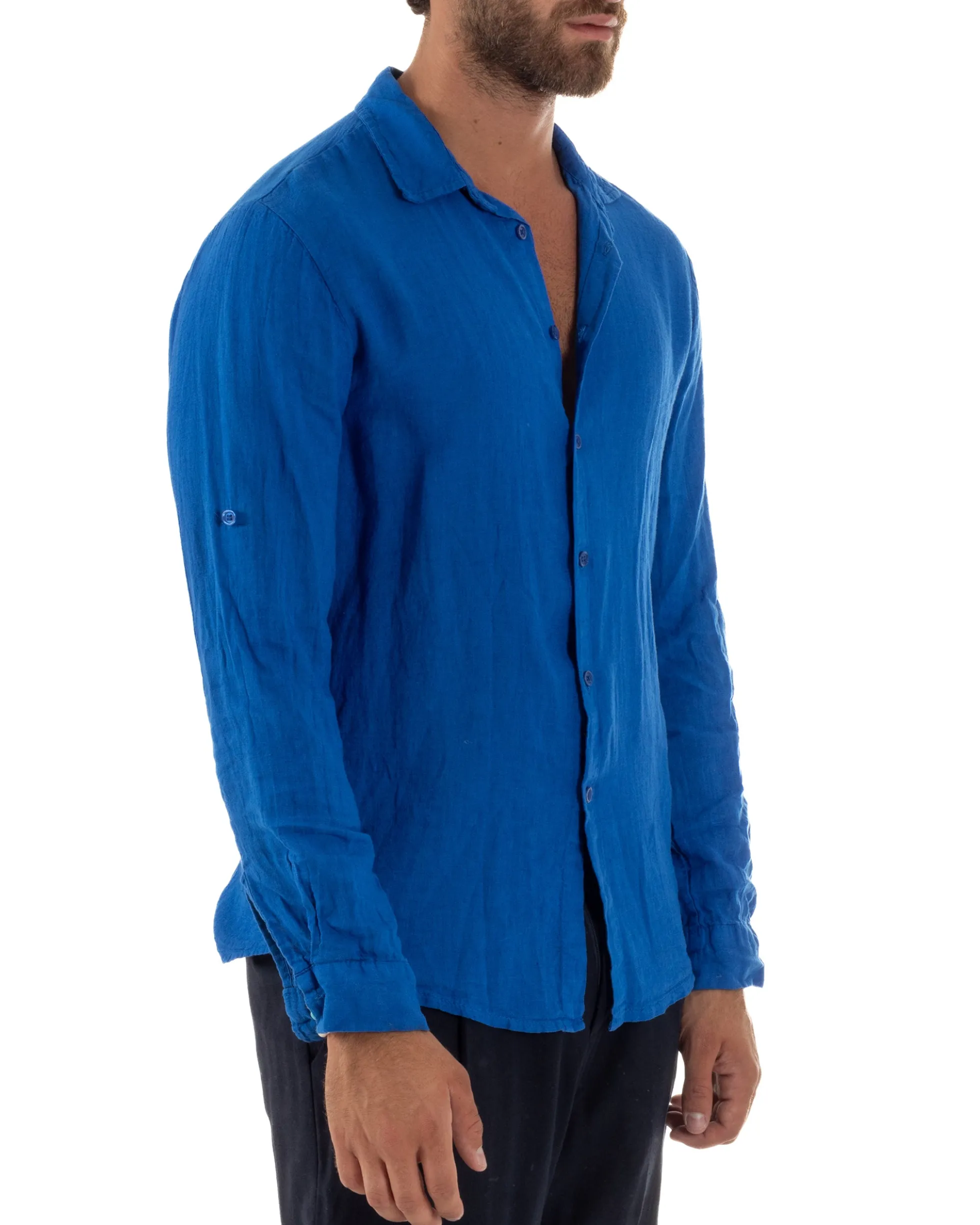 Camicia Collo Francese Lino Slim Fit Basic Blu Royal C3030A