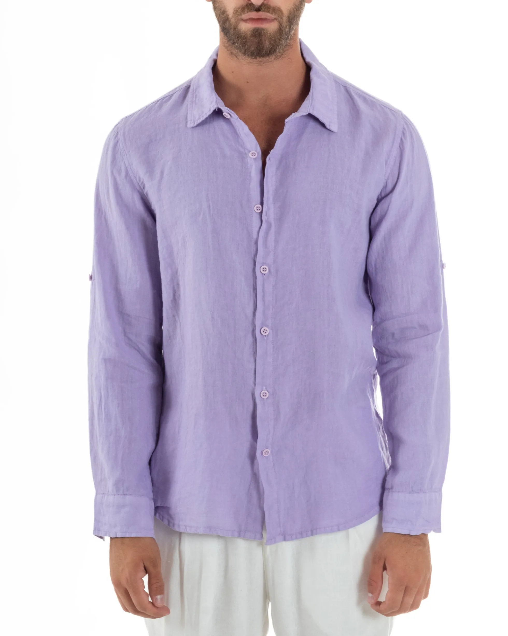 Camicia Collo Francese Lino Slim Fit Basic Lilla C3040A