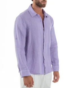Camicia Collo Francese Lino Slim Fit Basic Lilla C3040A