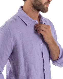 Camicia Collo Francese Lino Slim Fit Basic Lilla C3040A