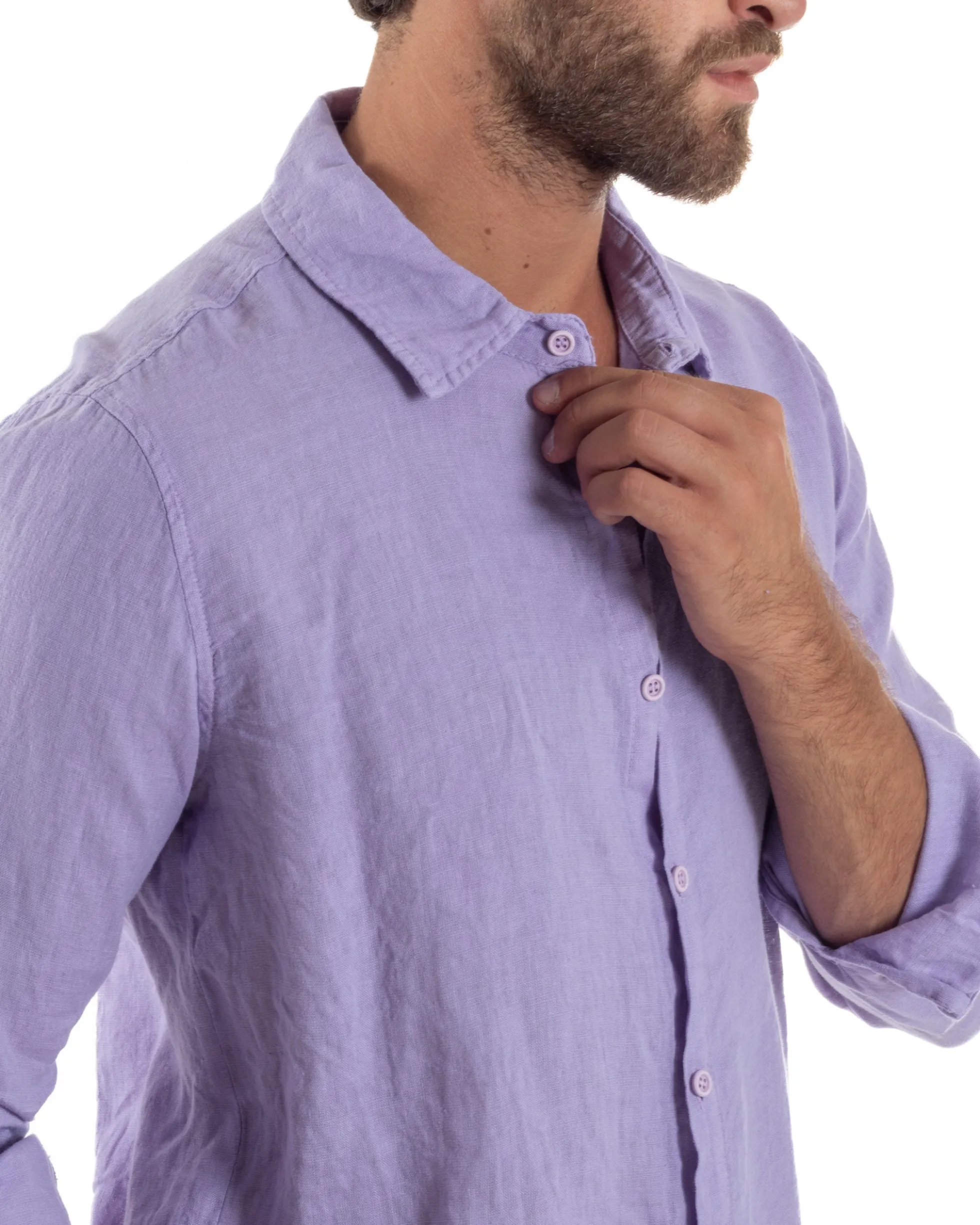 Camicia Collo Francese Lino Slim Fit Basic Lilla C3040A