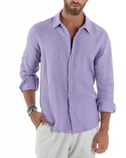 Camicia Collo Francese Lino Slim Fit Basic Lilla C3040A
