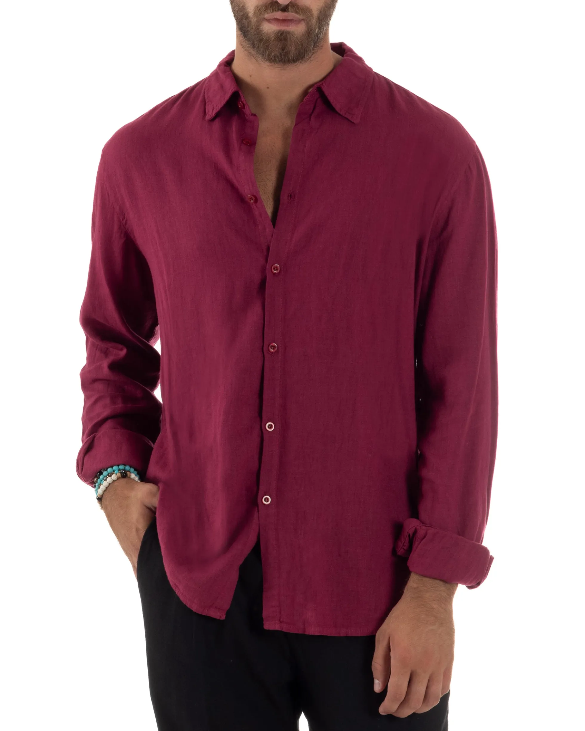 Camicia Collo Francese Lino Slim Fit Basic Bordeaux C3027A