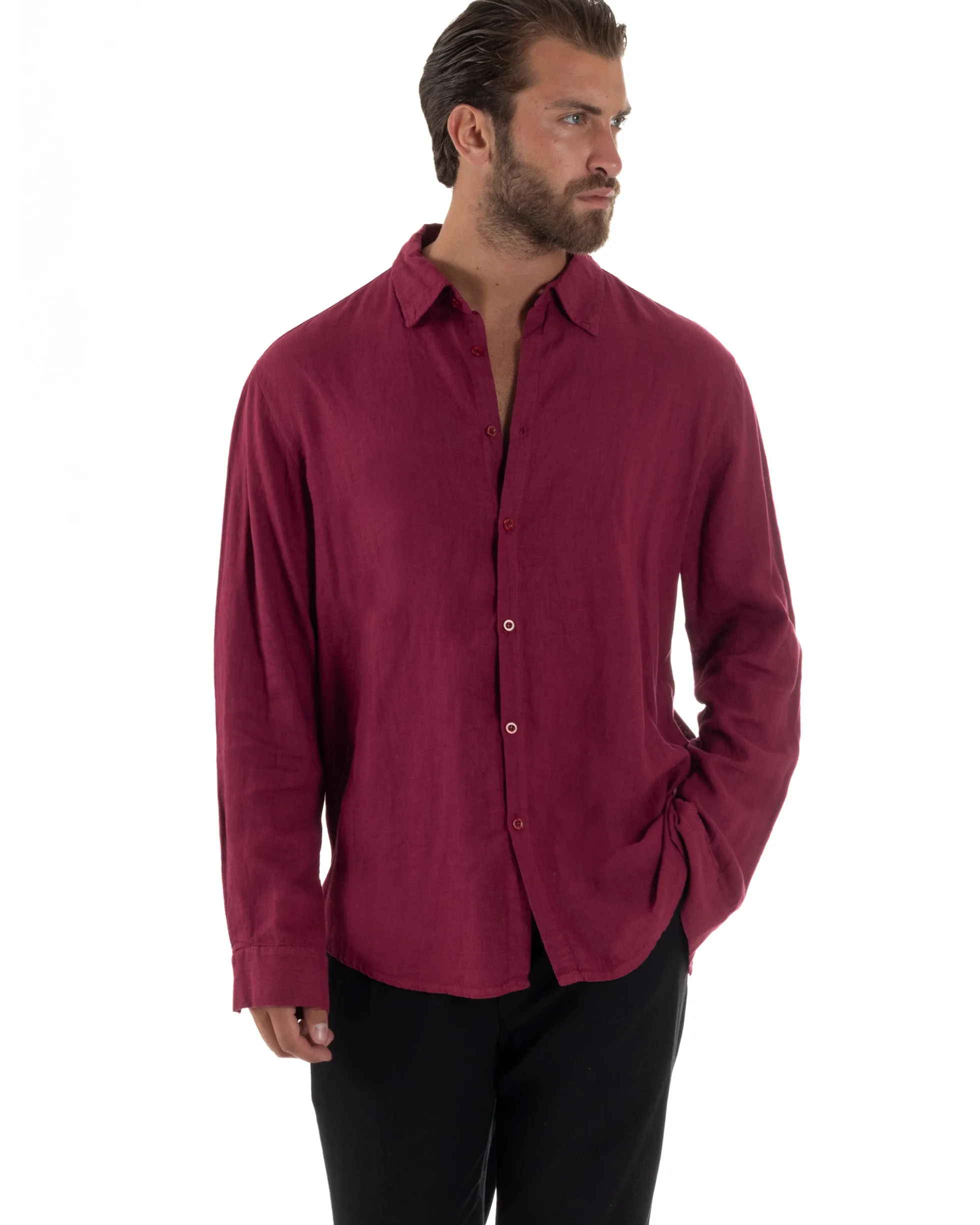 Camicia Collo Francese Lino Slim Fit Basic Bordeaux C3027A