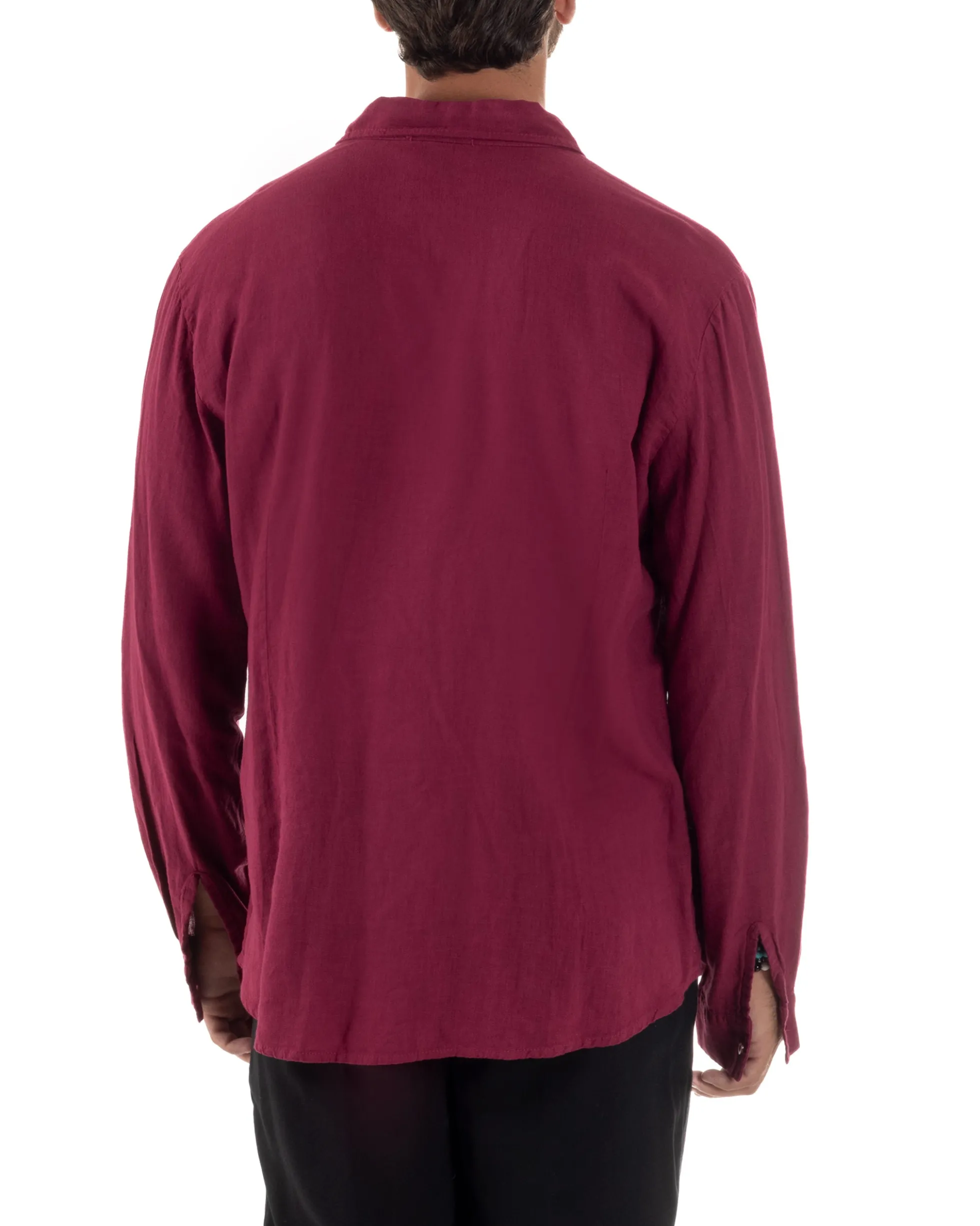 Camicia Collo Francese Lino Slim Fit Basic Bordeaux C3027A