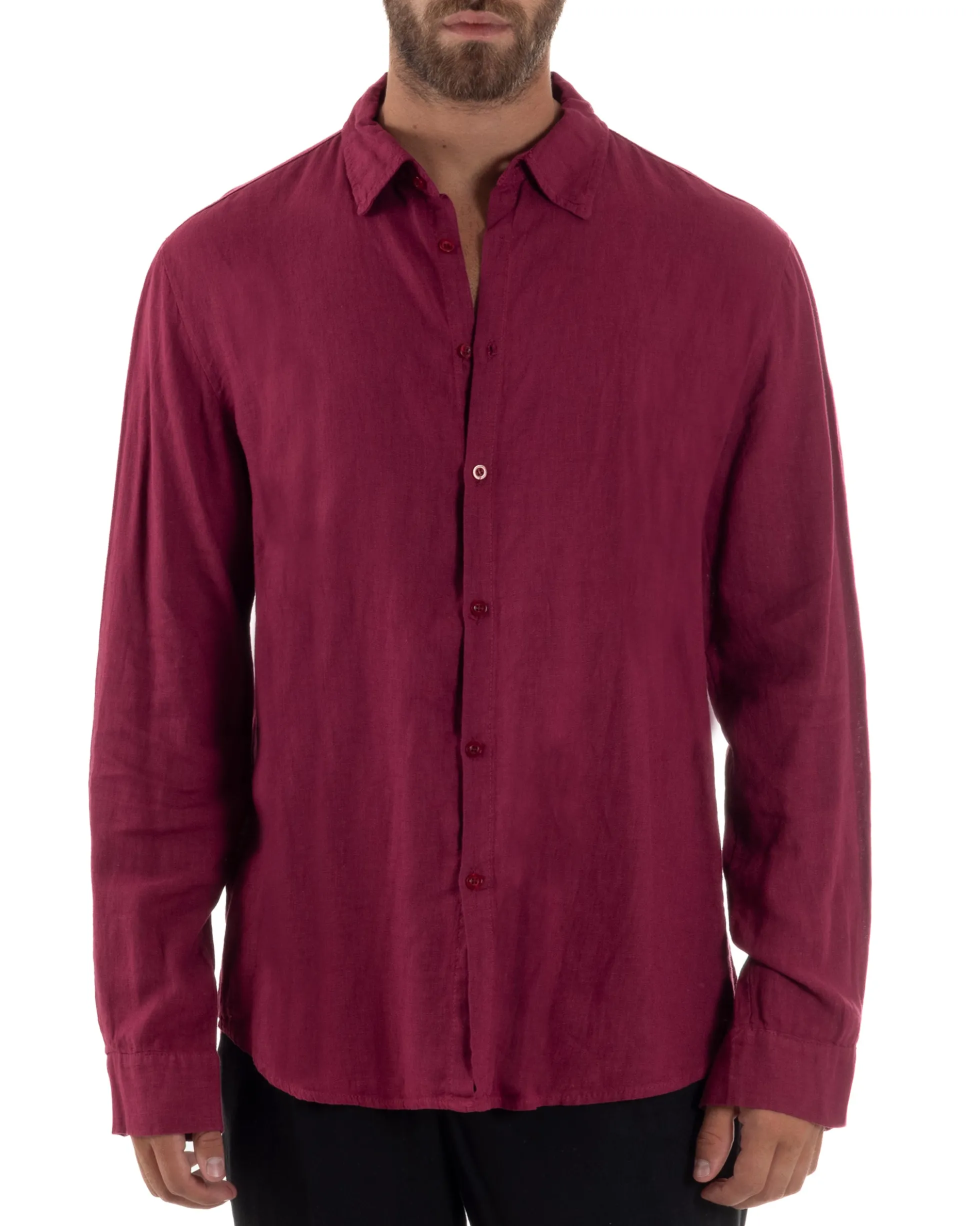 Camicia Collo Francese Lino Slim Fit Basic Bordeaux C3027A
