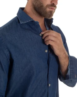 Camicia Jeans Collo Francese Cotone Denim Scuro C3013A