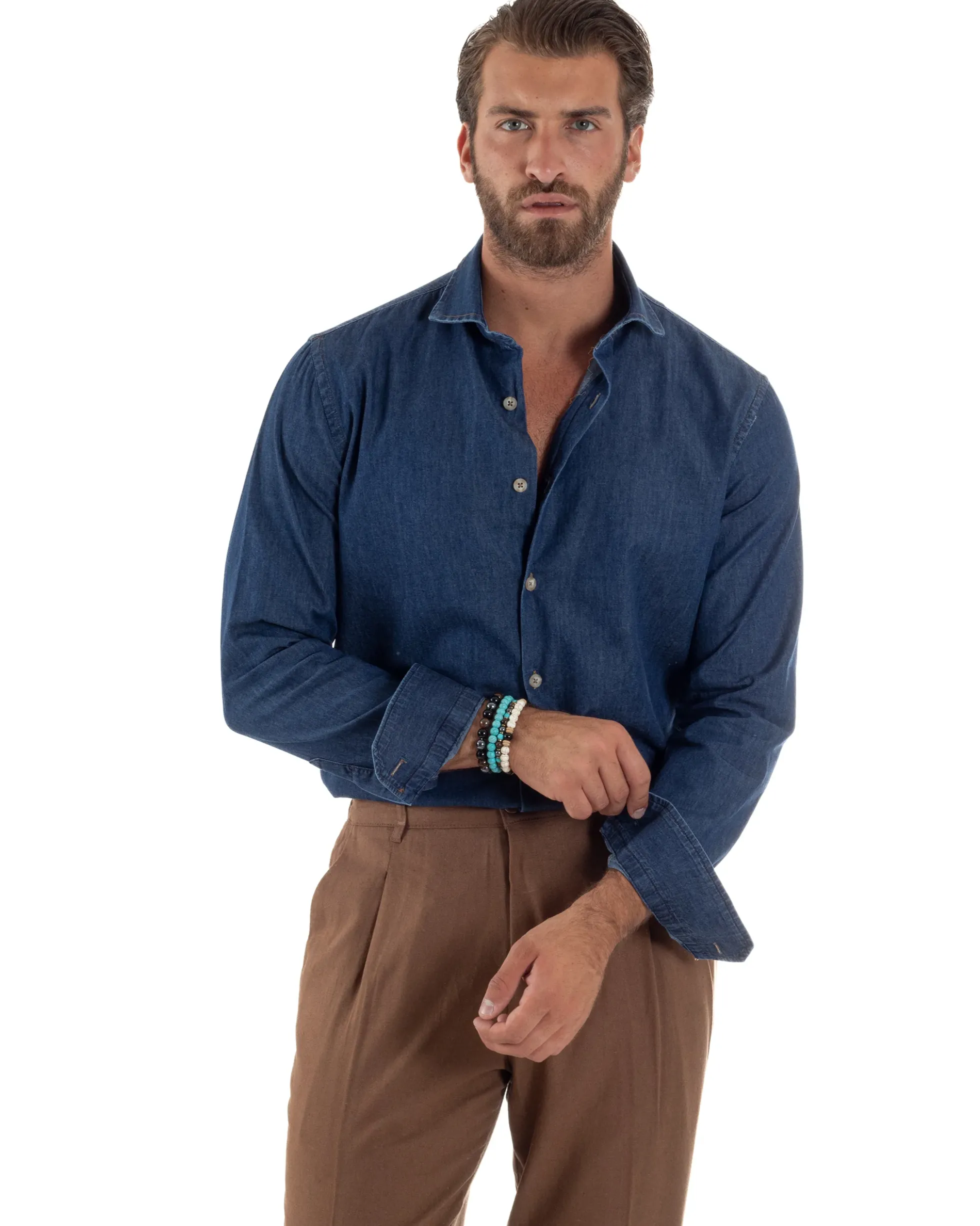 Camicia Jeans Collo Francese Cotone Denim Scuro C3013A