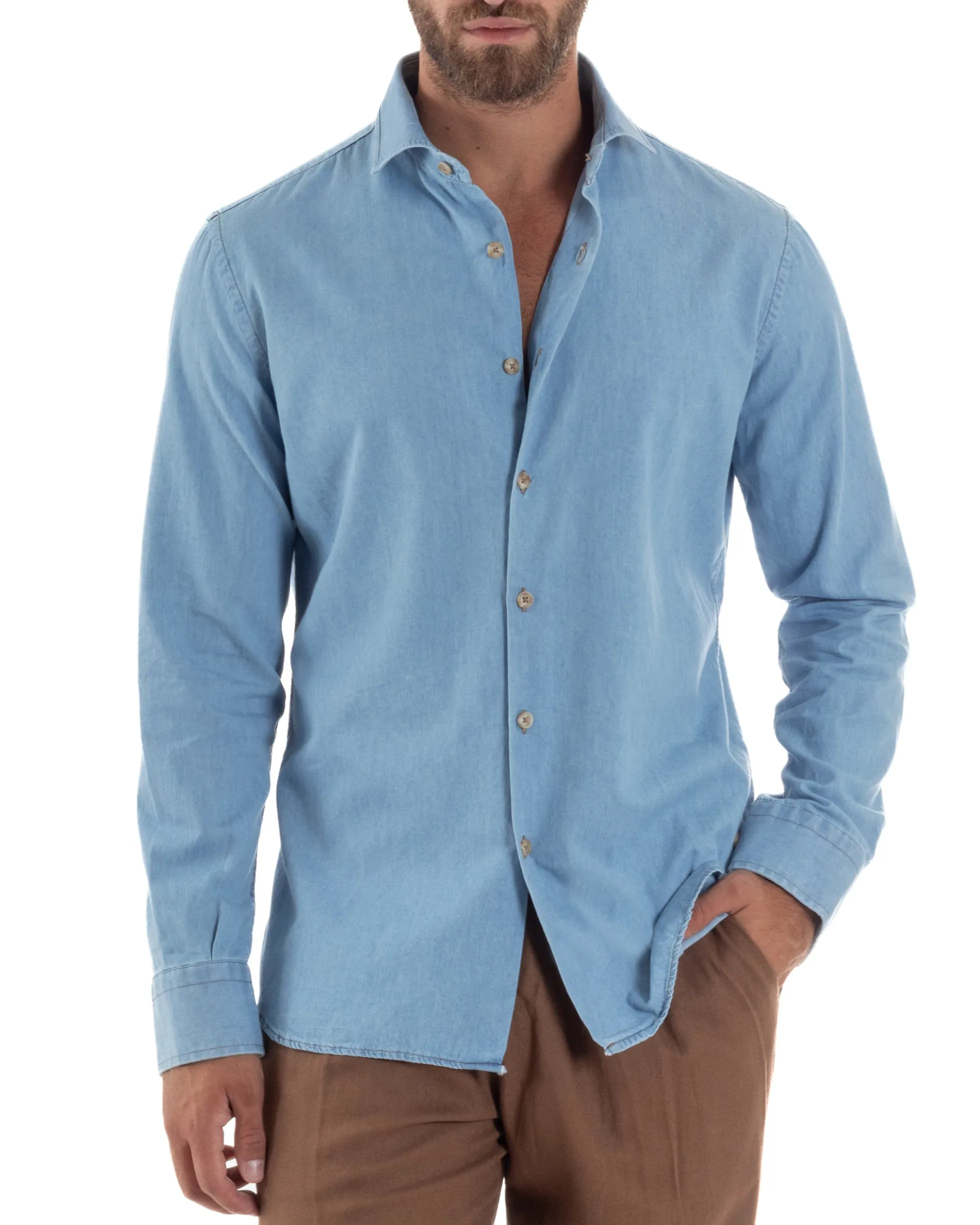 Camicia Jeans Collo Francese Cotone Denim Chiaro C3014A