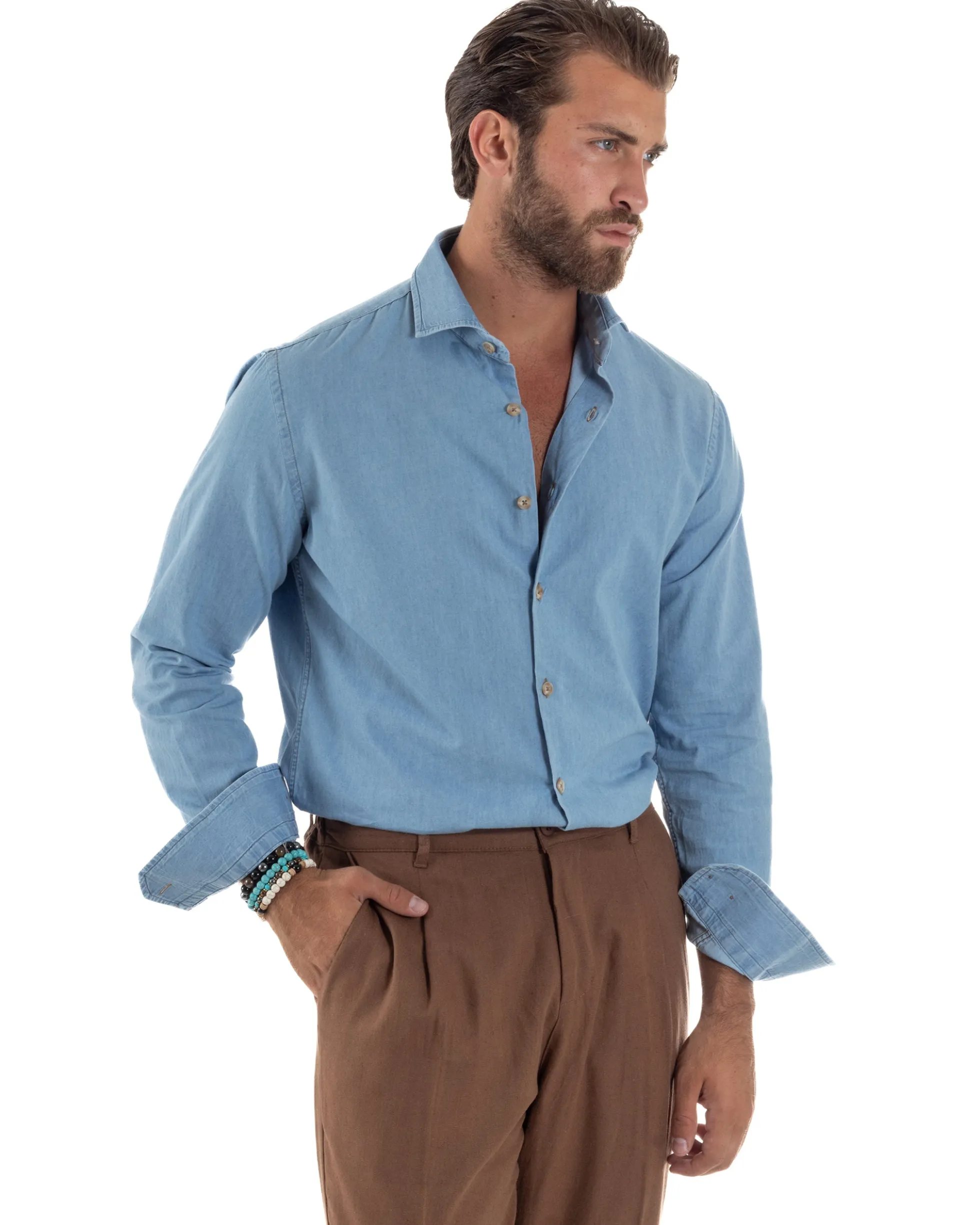 Camicia Jeans Collo Francese Cotone Denim Chiaro C3014A