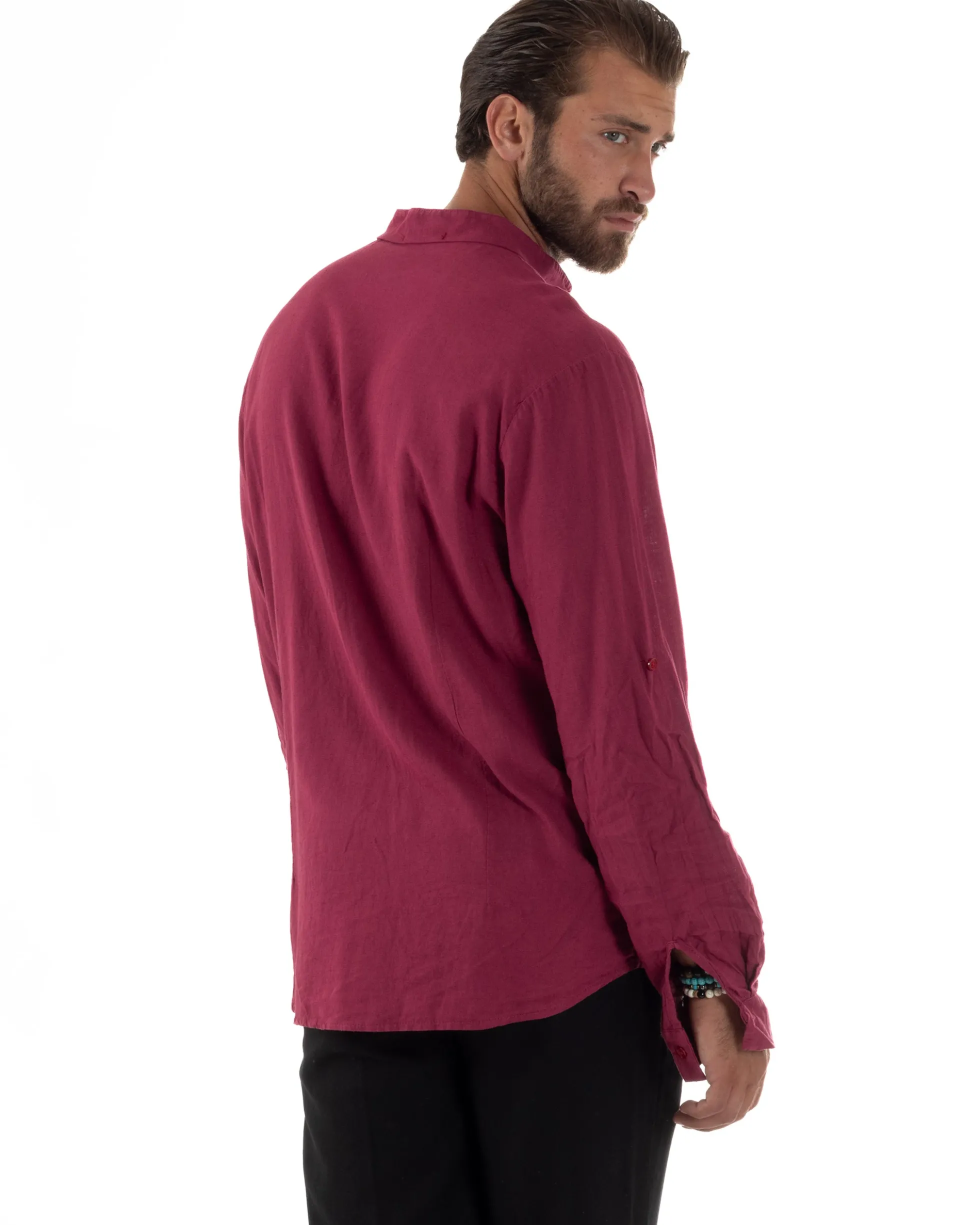 Camicia Lino Slim Fit Collo Coreano Bordeaux C3044A