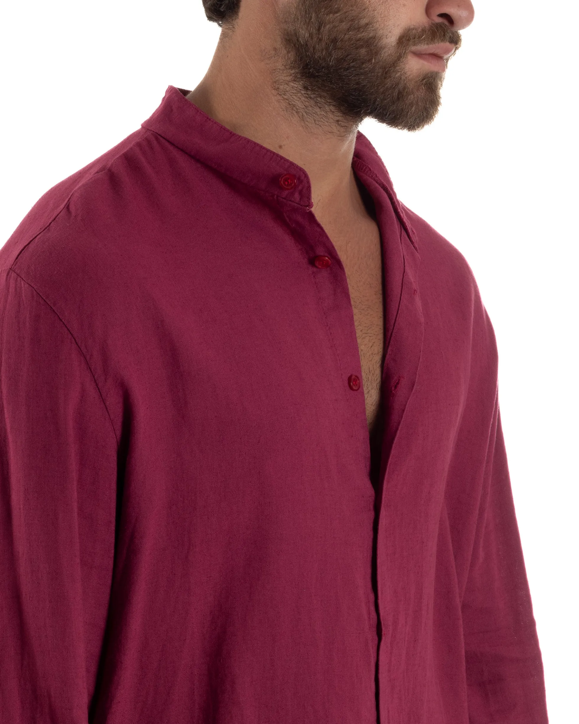 Camicia Lino Slim Fit Collo Coreano Bordeaux C3044A