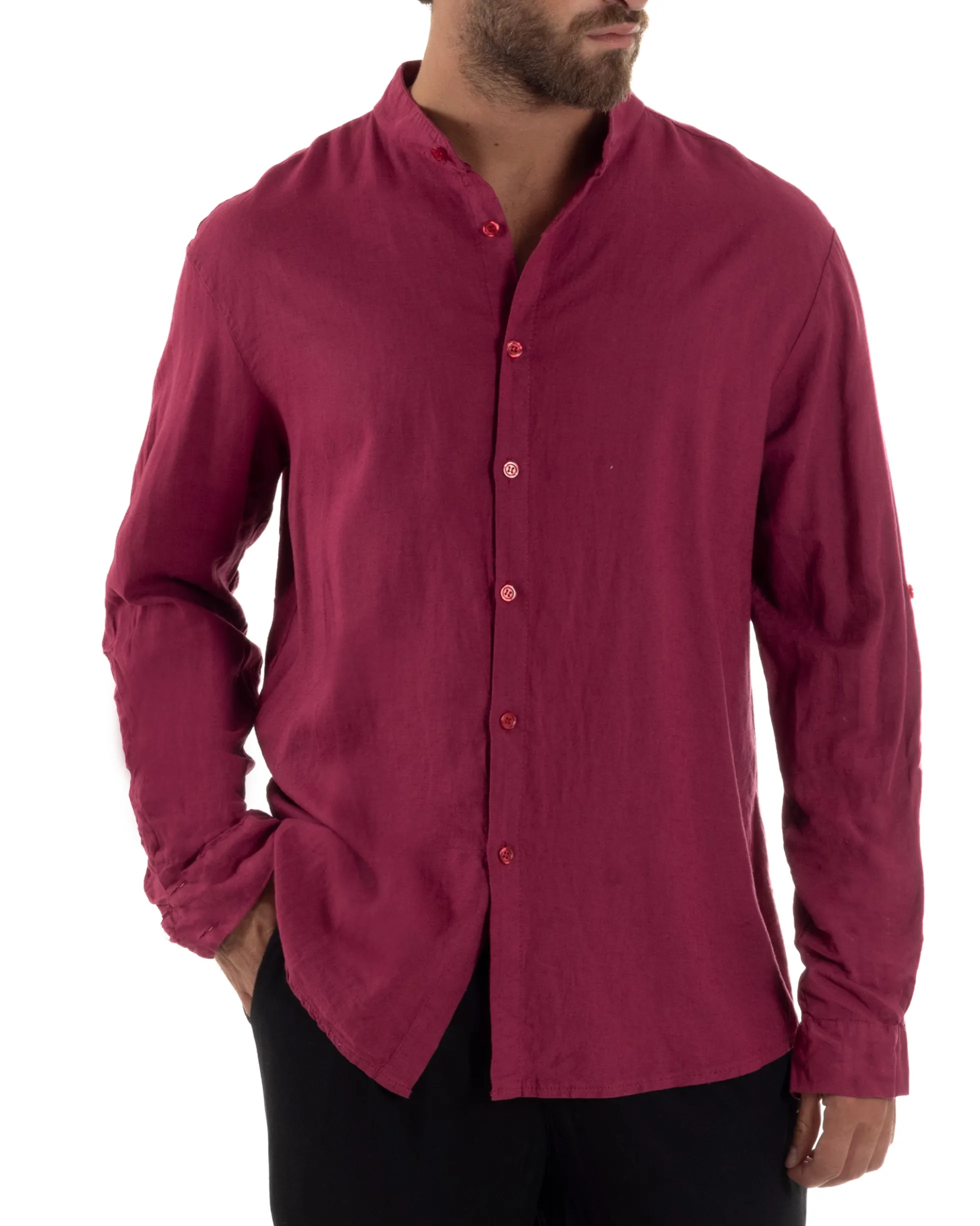Camicia Lino Slim Fit Collo Coreano Bordeaux C3044A