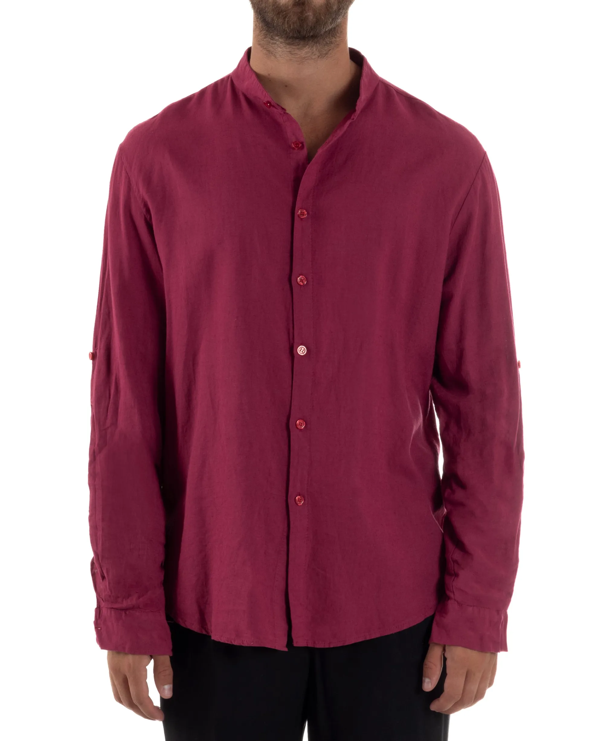 Camicia Lino Slim Fit Collo Coreano Bordeaux C3044A