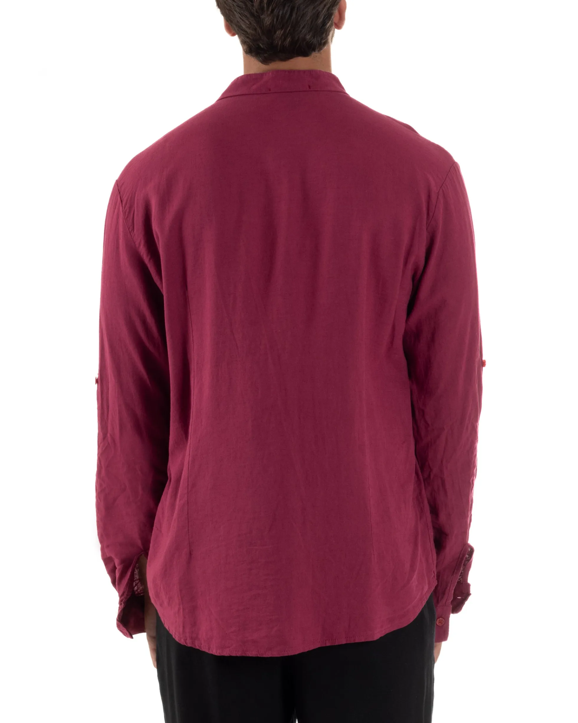 Camicia Lino Slim Fit Collo Coreano Bordeaux C3044A