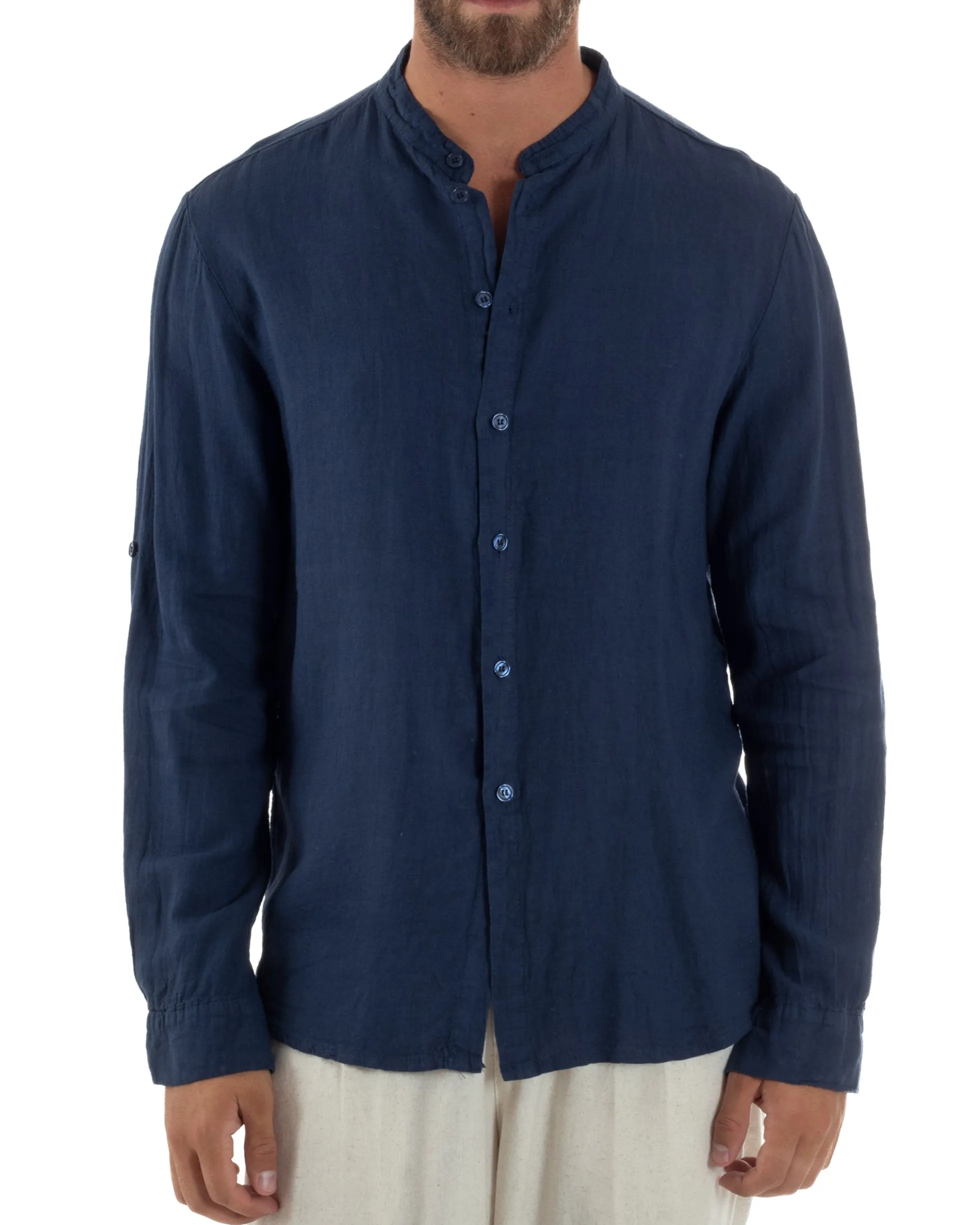 Camicia Lino Slim Fit Collo Coreano Blu C3057A
