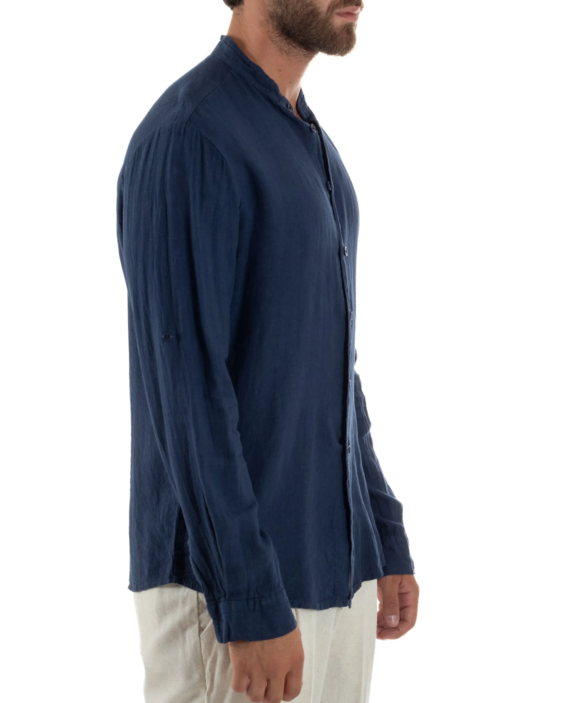 Camicia Lino Slim Fit Collo Coreano Blu C3057A