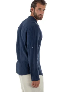 Camicia Lino Slim Fit Collo Coreano Blu C3057A