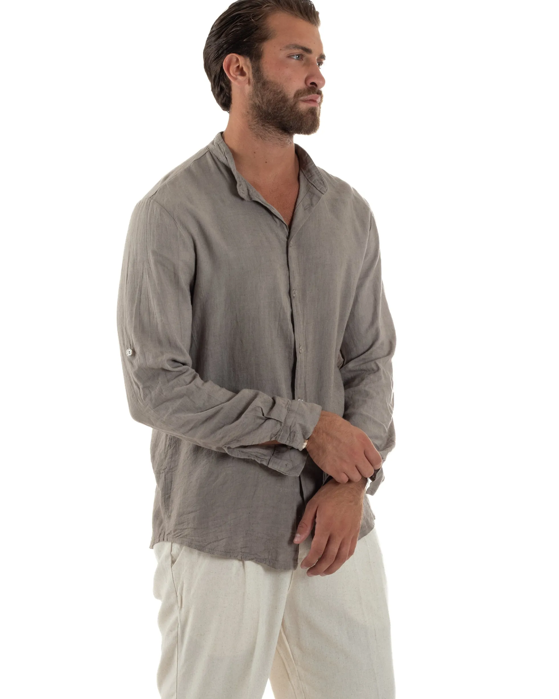 Camicia Lino Slim Fit Collo Coreano Fango C3056A