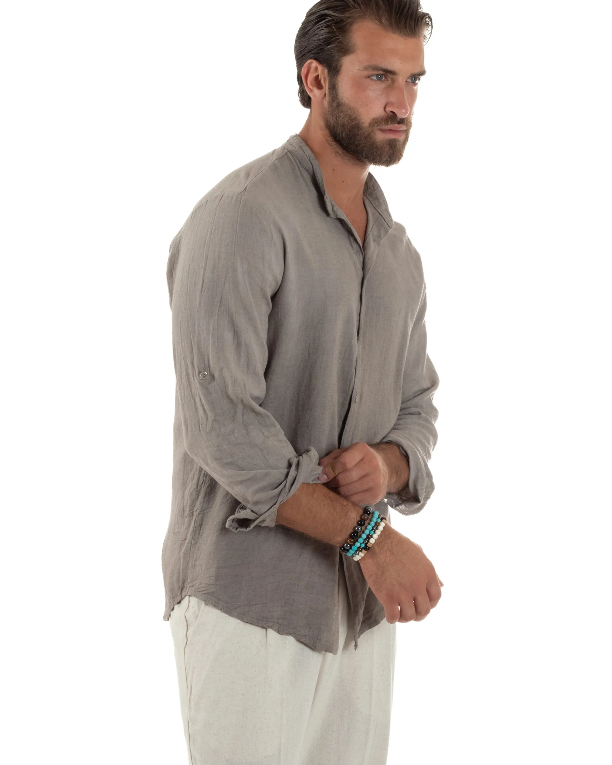 Camicia Lino Slim Fit Collo Coreano Fango C3056A