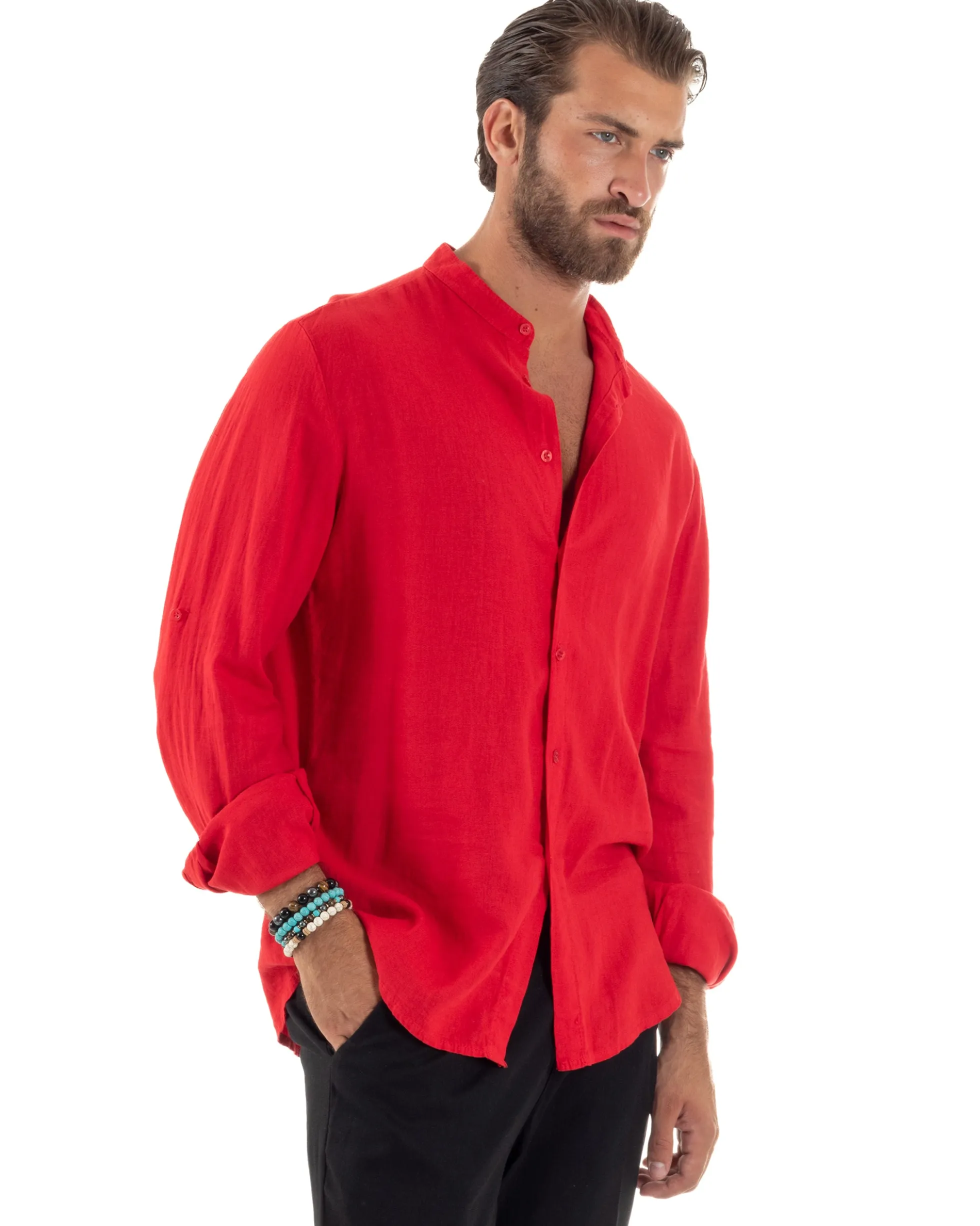 Camicia Lino Slim Fit Collo Coreano Rosso C3042A