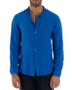 Camicia Lino Slim Fit Collo Coreano Blu Royal C3047A