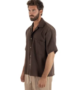 Camicia maniche corte uomo colletto bowling taschino relaxed fit marrone GIOSAL-CC1232A
