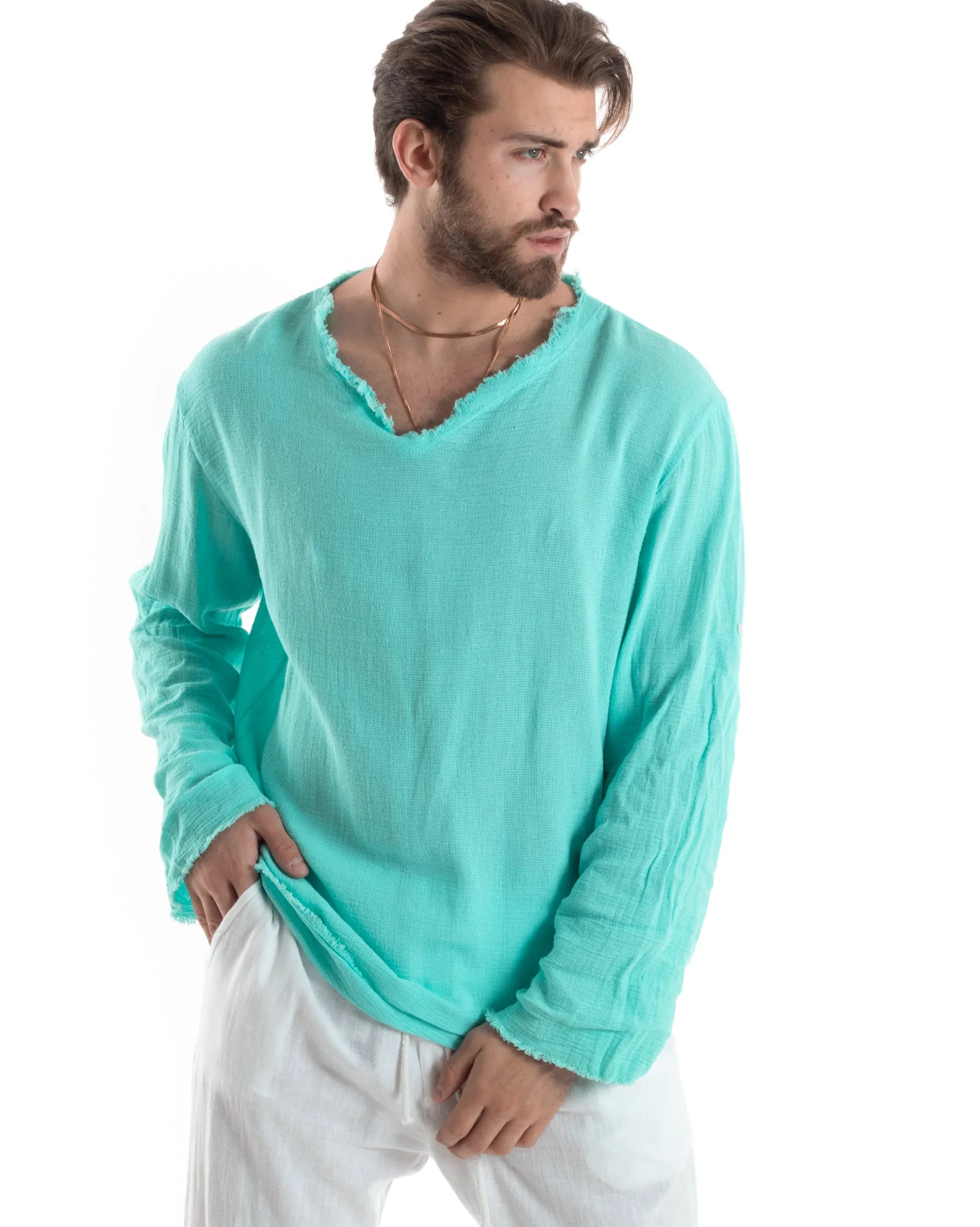 Camicia Uomo Casacca Cotone Lino Scollo V Sfrangiata Regular Fit Verde Acqua GIOSAL-C2849A