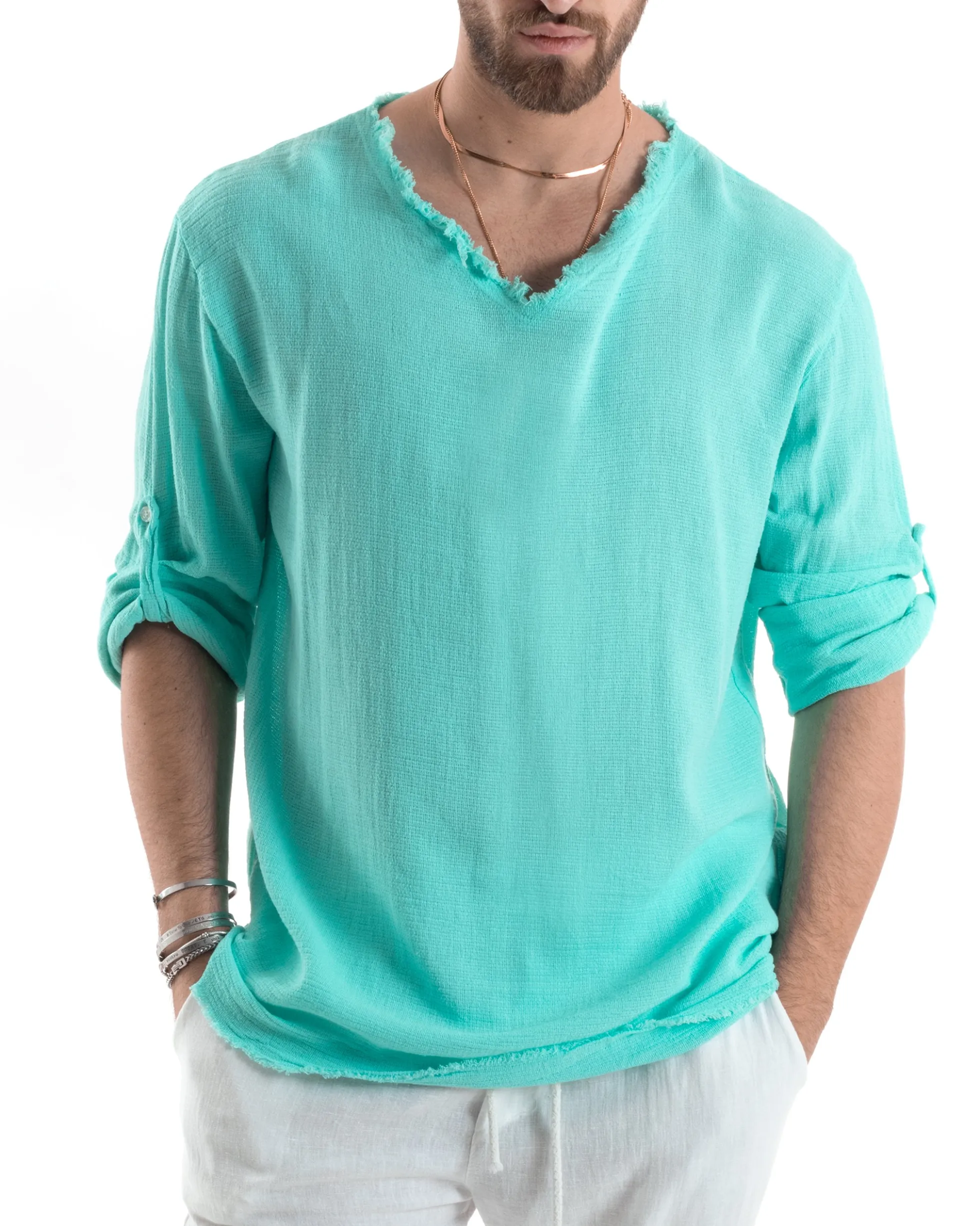 Camicia Uomo Casacca Cotone Lino Scollo V Sfrangiata Regular Fit Verde Acqua GIOSAL-C2849A