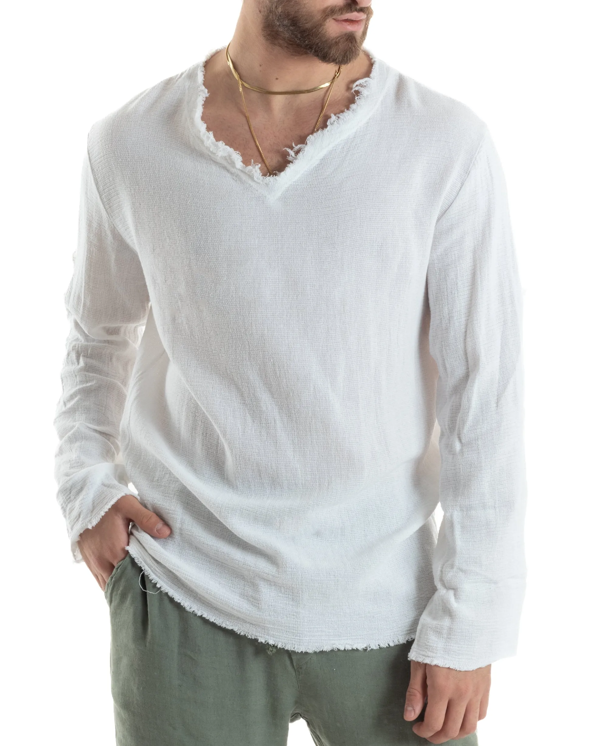 Camicia Uomo Casacca Cotone Lino Scollo V Sfrangiata Regular Fit Bianco GIOSAL-C2846A
