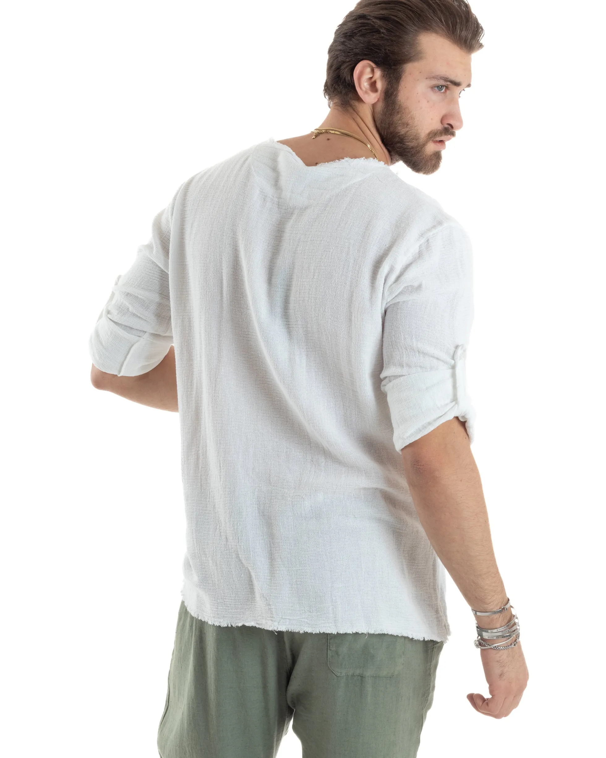 Camicia Uomo Casacca Cotone Lino Scollo V Sfrangiata Regular Fit Bianco GIOSAL-C2846A