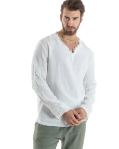 Camicia Uomo Casacca Cotone Lino Scollo V Sfrangiata Regular Fit Bianco GIOSAL-C2846A