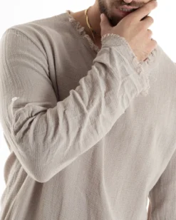 Camicia Uomo Casacca Cotone Lino Scollo V Sfrangiata Regular Fit Beige GIOSAL-C2848A