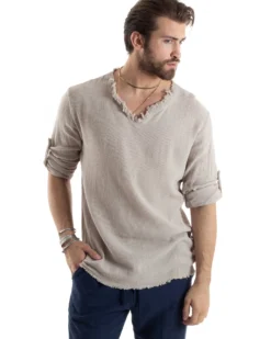 Camicia Uomo Casacca Cotone Lino Scollo V Sfrangiata Regular Fit Beige GIOSAL-C2848A