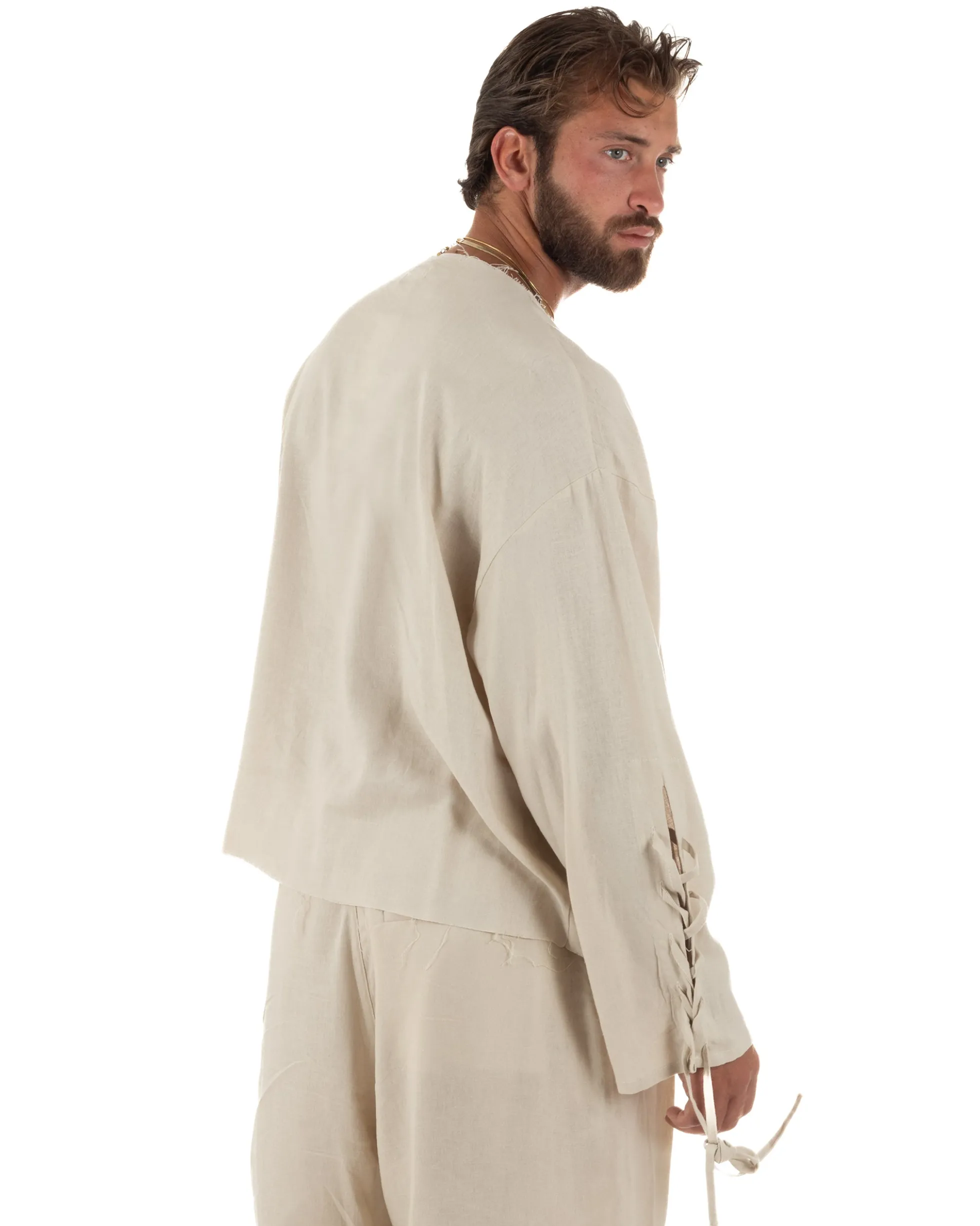 Camicia uomo casacca girocollo crop lino over fit taglio vivo beige GIOSAL-C3099A