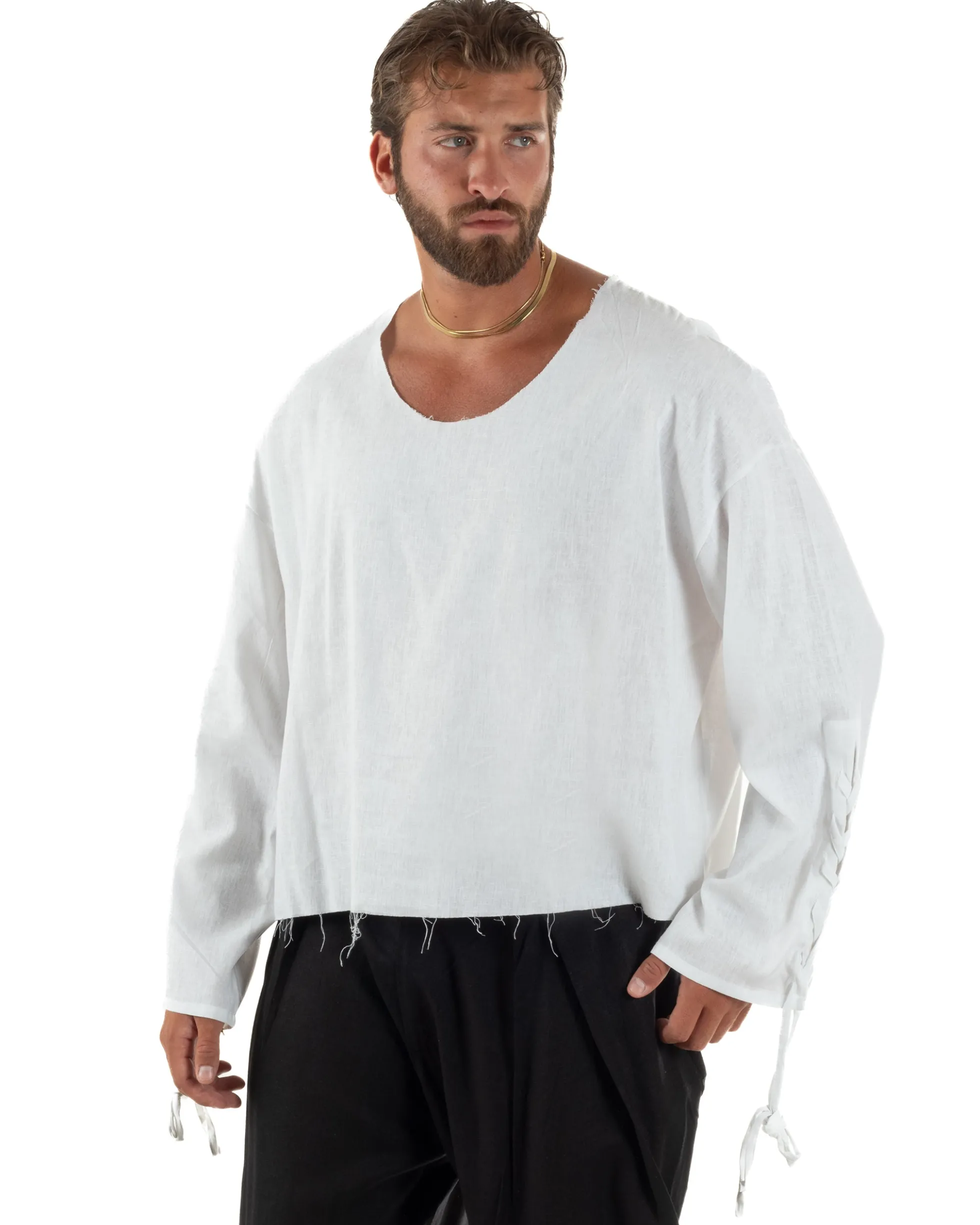 Camicia uomo casacca girocollo crop lino over fit taglio vivo bianco GIOSAL-C3098A
