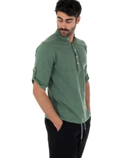 Camicia Uomo Casacca Morbida Serafino Bottoni Manica 3/4 Cotone Tinta Unita Verde Militare GIOSAL-C2340A