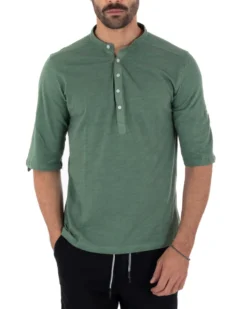 Camicia Uomo Casacca Morbida Serafino Bottoni Manica 3/4 Cotone Tinta Unita Verde Militare GIOSAL-C2340A