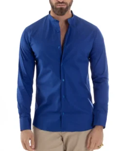 Camicia Uomo Collo Coreano Cotone Basic Sartoriale Slim Fit Blu Royal C2932A