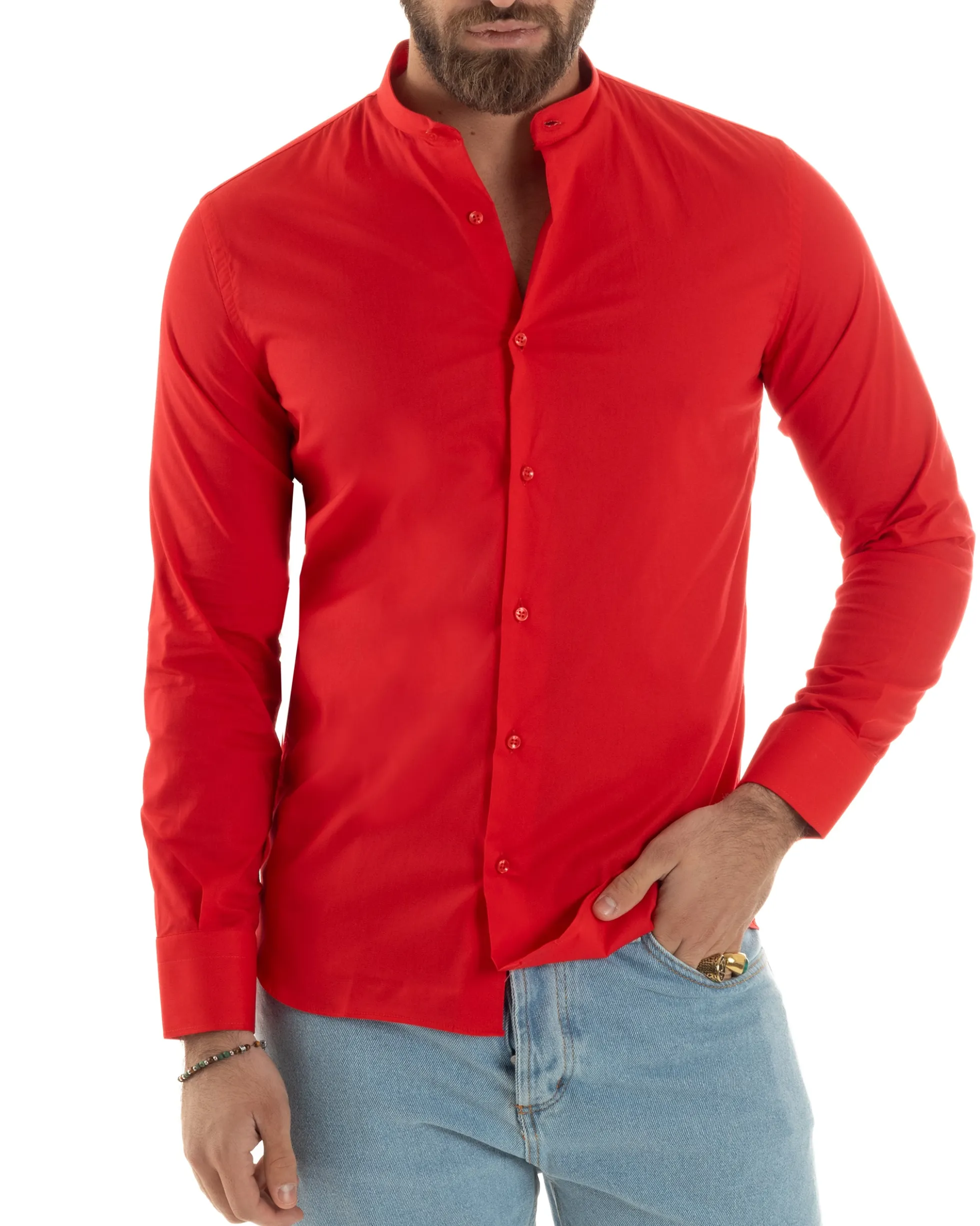 Camicia Uomo Collo Coreano Cotone Basic Sartoriale Slim Fit Rosso C2929A