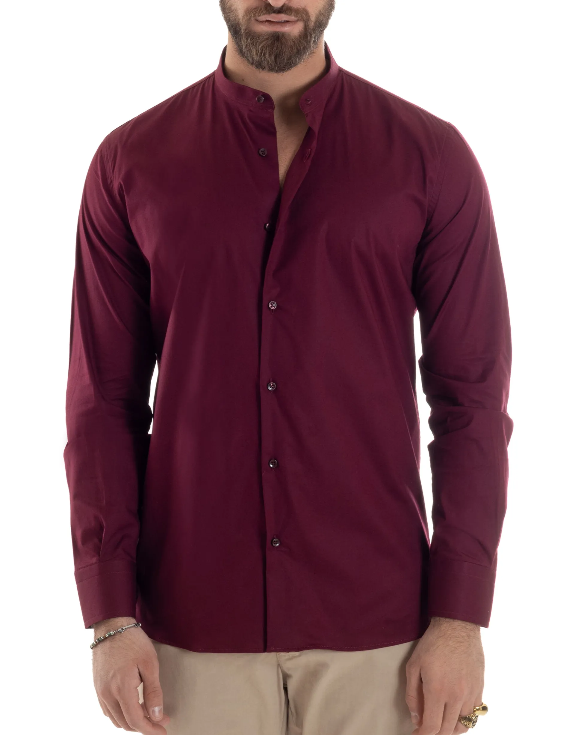 Camicia Uomo Collo Coreano Cotone Basic Sartoriale Slim Fit Bordeaux C2935A