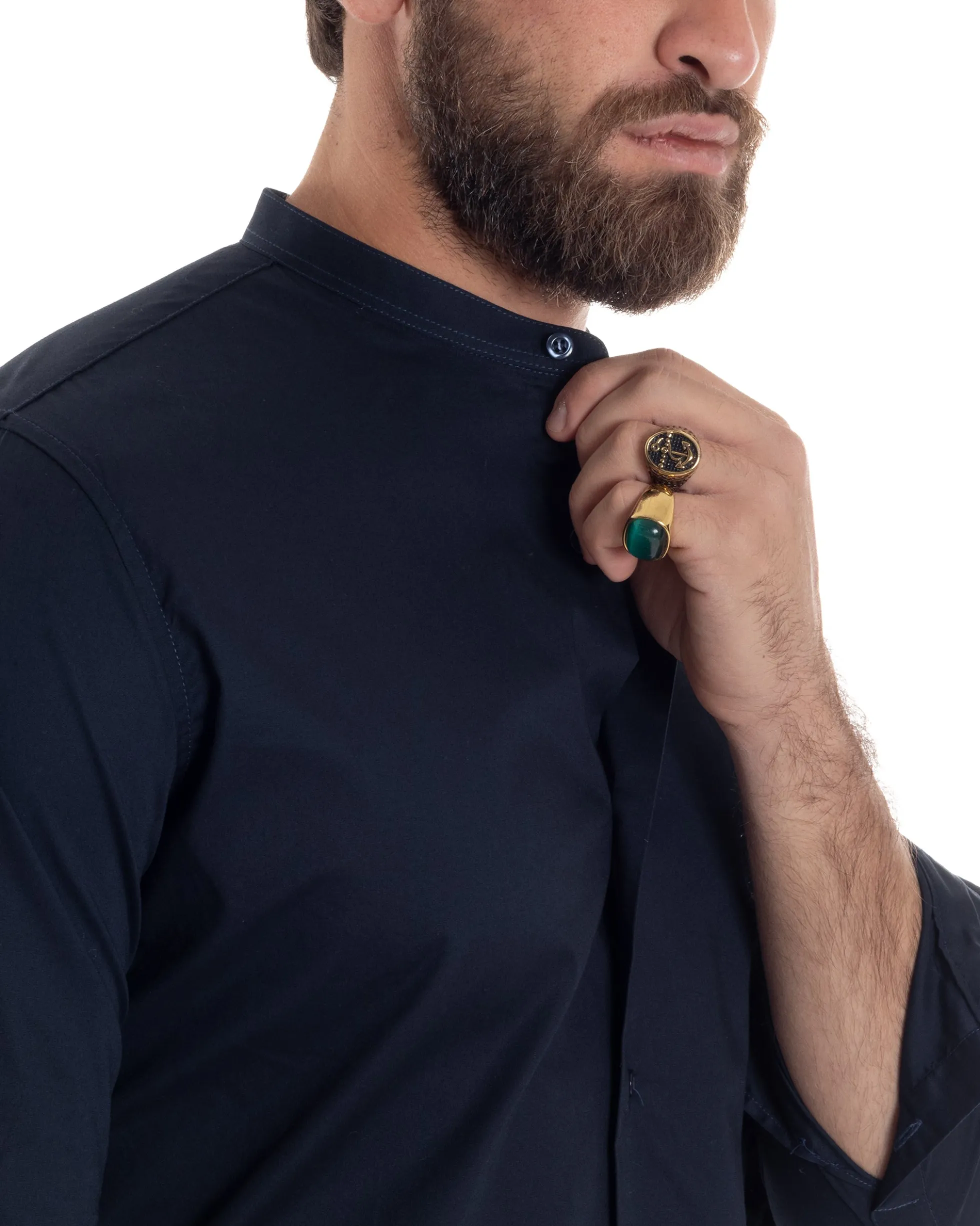 Camicia Uomo Collo Coreano Cotone Basic Sartoriale Slim Fit Blu C2938A