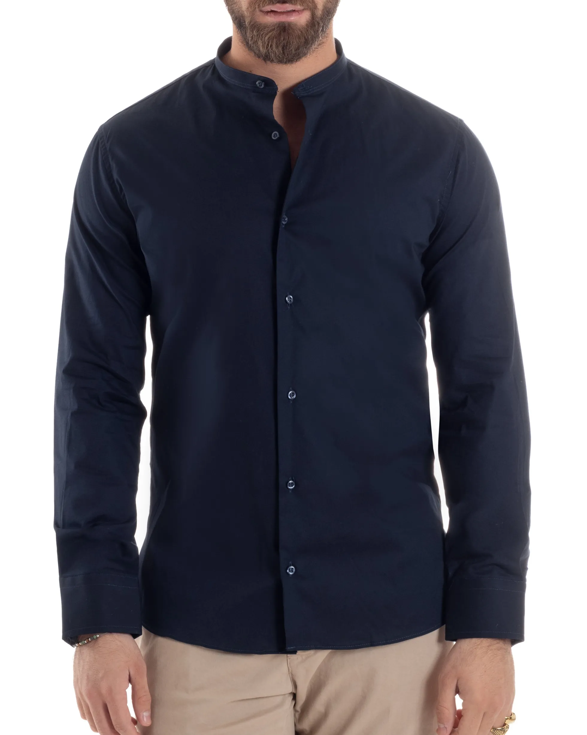 Camicia Uomo Collo Coreano Cotone Basic Sartoriale Slim Fit Blu C2938A