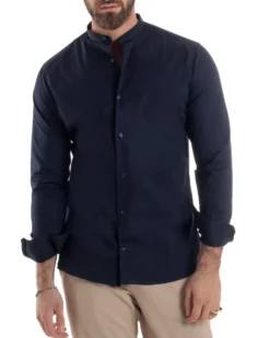 Camicia Uomo Collo Coreano Cotone Basic Sartoriale Slim Fit Blu C2938A